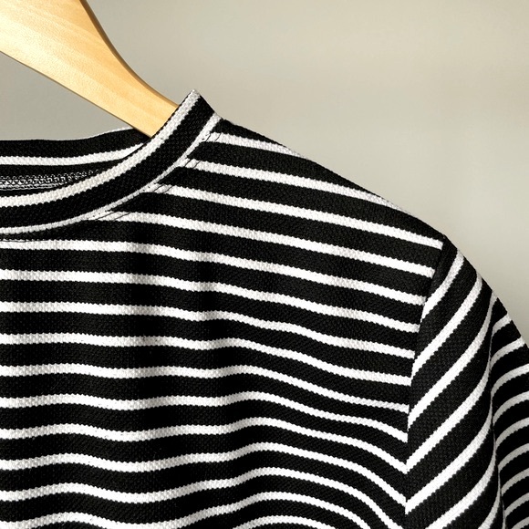 Black and White Mock Neck Boxy Stripe Short Sleeve Top - Picture 2 of 4
